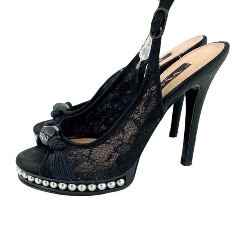 NINA New York Pumps Black Lace Peep Toe Platform Heels Studded SZ 7